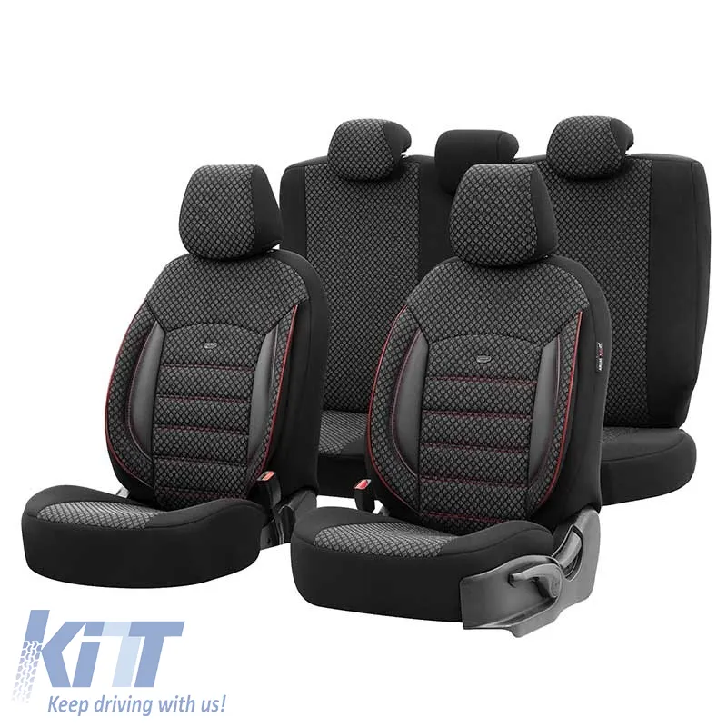 Seat Covers Otom Sport Plus Design Universal Cotton / Rachel / Artificial Leather Front / Rear Set 11 Pieces Black With Red Stitch SPTPLS-102