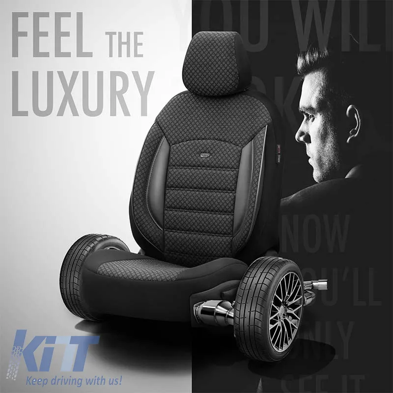 Seat Covers Otom Sport Plus Design Universal Cotton / Rachel / Artificial Leather Front / Rear Set 11 Pieces Black SPTPLS-101