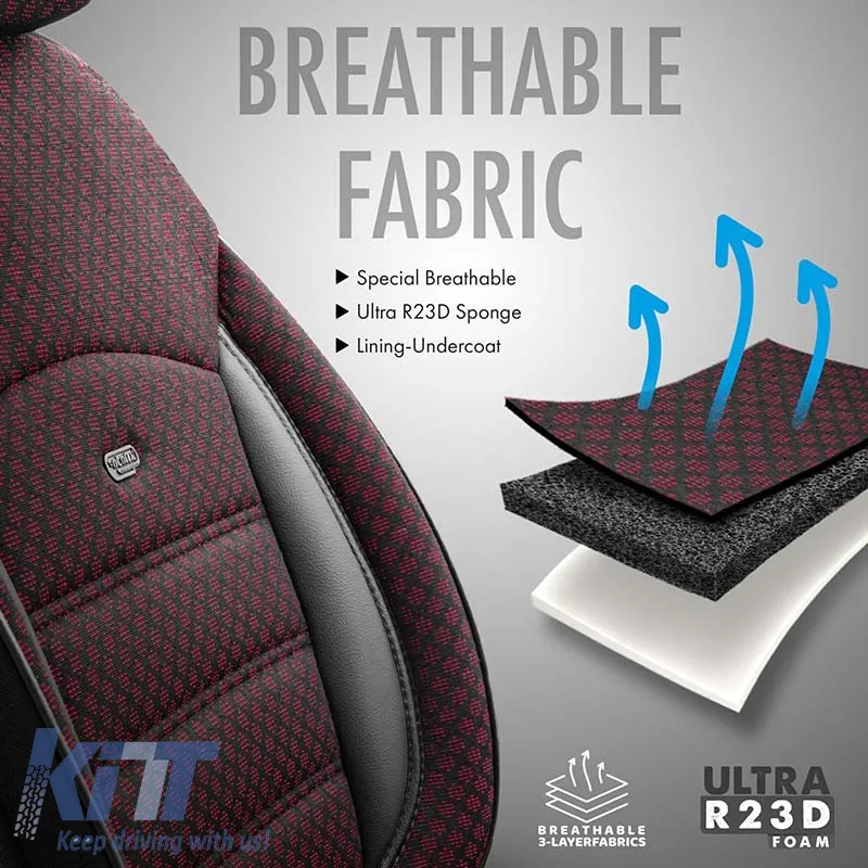 Seat Covers Otom Sport Plus Design Universal Cotton / Rachel / Artificial Leather Front / Rear Set 11 Pieces Dark Red SPTPLS-103