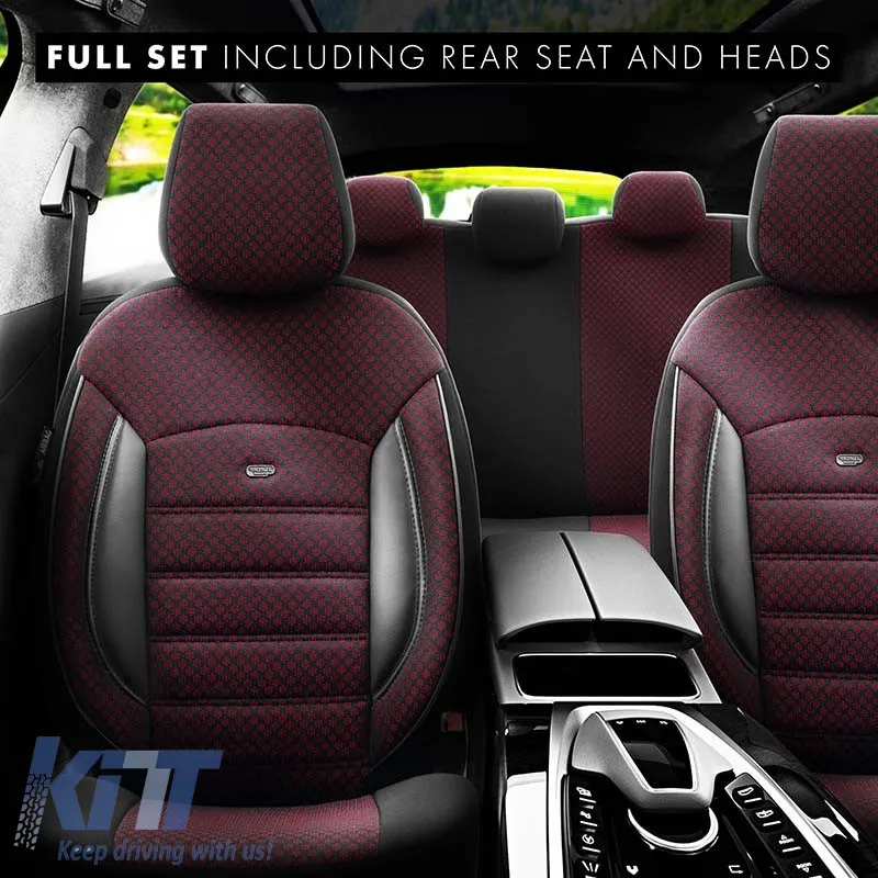 Seat Covers Otom Sport Plus Design Universal Cotton / Rachel / Artificial Leather Front / Rear Set 11 Pieces Dark Red SPTPLS-103