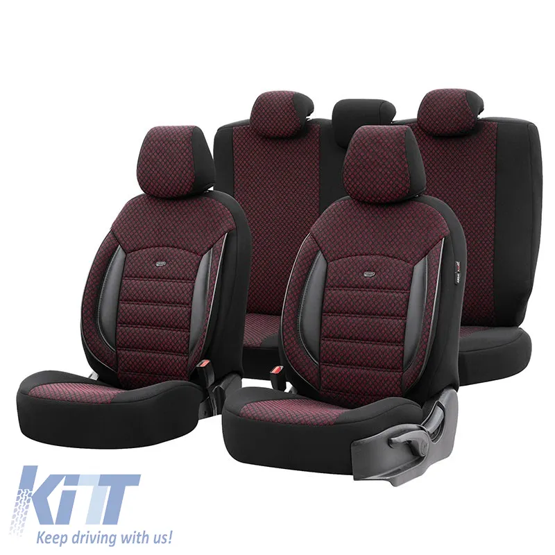 Seat Covers Otom Sport Plus Design Universal Cotton / Rachel / Artificial Leather Front / Rear Set 11 Pieces Dark Red SPTPLS-103