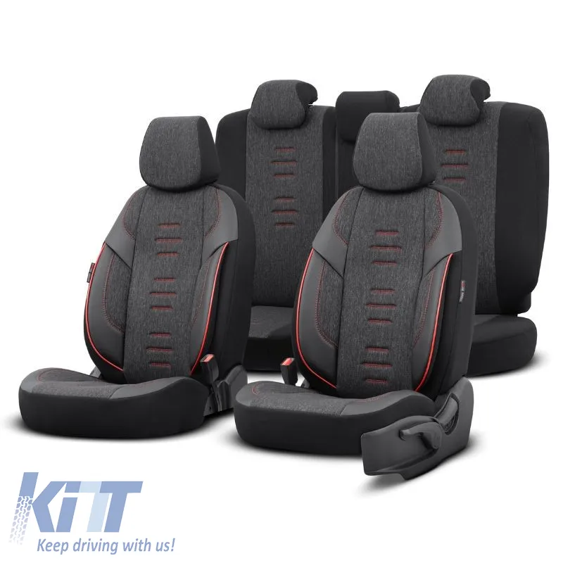 Seat Covers Otom "Throne" Universal Linen / Rachel / Artificial Leather Front / Rear Set 11 Pieces Black With Red Stitch THR-101