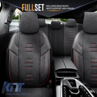 Seat Covers Otom "Throne" Universal Linen / Rachel / Artificial Leather Front / Rear Set 11 Pieces Black With Red Stitch THR-101