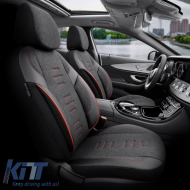 Seat Covers Otom "Throne" Universal Linen / Rachel / Artificial Leather Front / Rear Set 11 Pieces Black With Red Stitch THR-101