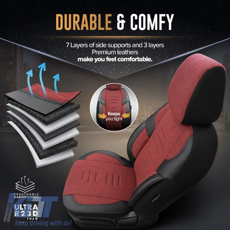 Seat Covers Otom "Throne" Universal Linen / Rachel / Artificial Leather Front / Rear Set 11 Pieces Red / Black THR-103