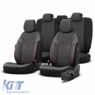 Seat Covers Otom "Throne" Universal Linen / Rachel / Artificial Leather Front / Rear Set 11 Pieces Black With Red Stitch THR-101