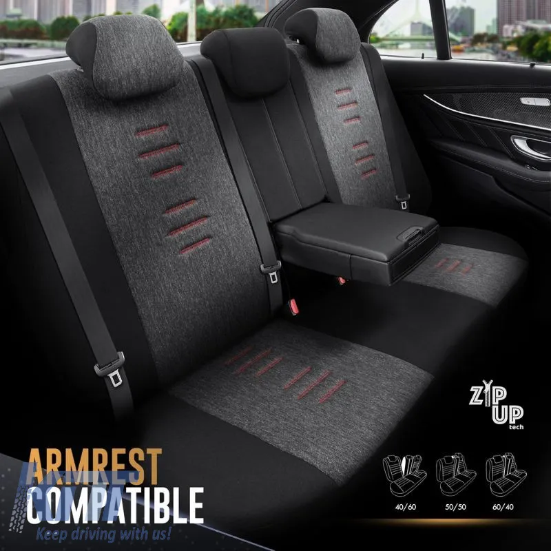 Seat Covers Otom "Throne" Universal Linen / Rachel / Artificial Leather Front / Rear Set 11 Pieces Black With Red Stitch THR-101