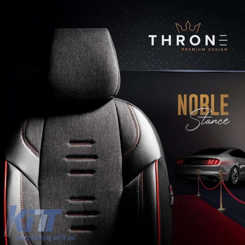 Seat Covers Otom "Throne" Universal Linen / Rachel / Artificial Leather Front / Rear Set 11 Pieces Black With Red Stitch THR-101