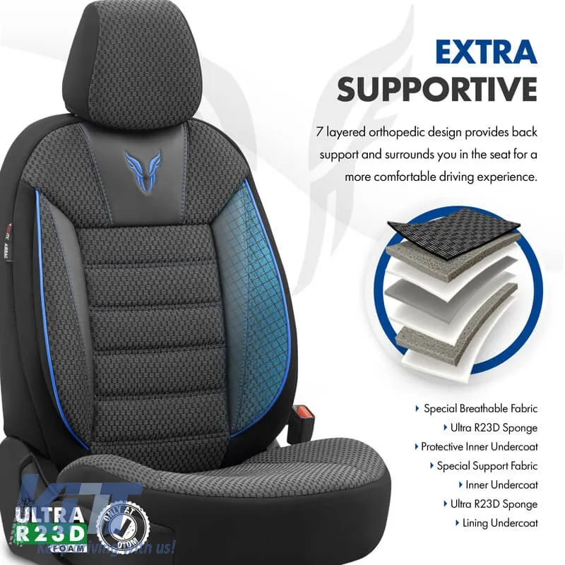 Seat Covers Otom Toro Design Universal Cotton / Artificial Leather Front / Rear Set 11 Pieces Black / Blue ΤRΟ-903