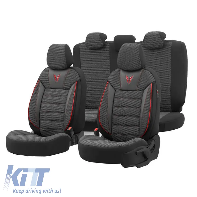 Seat Covers Otom Toro Design Universal Cotton / Artificial Leather Front / Rear Set 11 Pieces Black / Red ΤRΟ-901