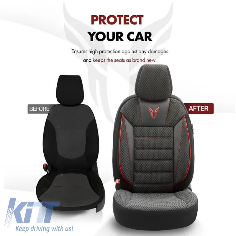 Seat Covers Otom Toro Design Universal Cotton / Artificial Leather Front / Rear Set 11 Pieces Black / Red ΤRΟ-901