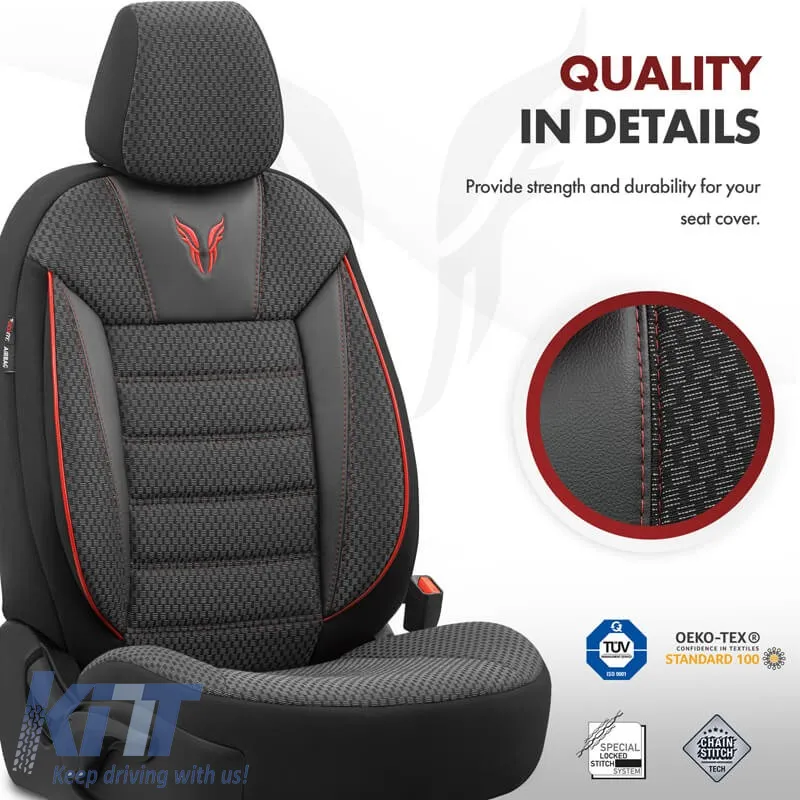 Seat Covers Otom Toro Design Universal Cotton / Artificial Leather Front / Rear Set 11 Pieces Black / Red ΤRΟ-901