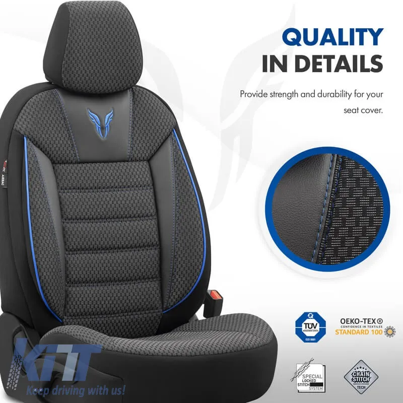Seat Covers Otom Toro Design Universal Cotton / Artificial Leather Front / Rear Set 11 Pieces Black / Blue ΤRΟ-903