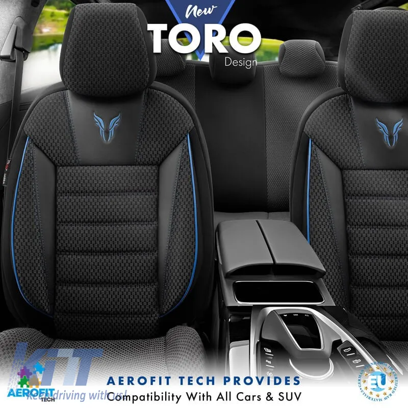 Seat Covers Otom Toro Design Universal Cotton / Artificial Leather Front / Rear Set 11 Pieces Black / Blue ΤRΟ-903