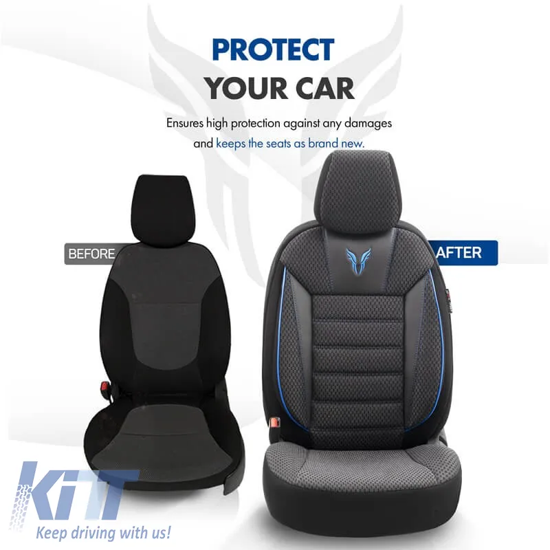 Seat Covers Otom Toro Design Universal Cotton / Artificial Leather Front / Rear Set 11 Pieces Black / Blue ΤRΟ-903
