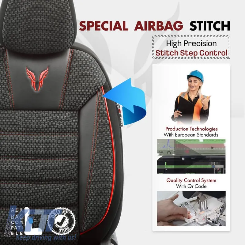 Seat Covers Otom Toro Design Universal Cotton / Artificial Leather Front / Rear Set 11 Pieces Black / Red ΤRΟ-901