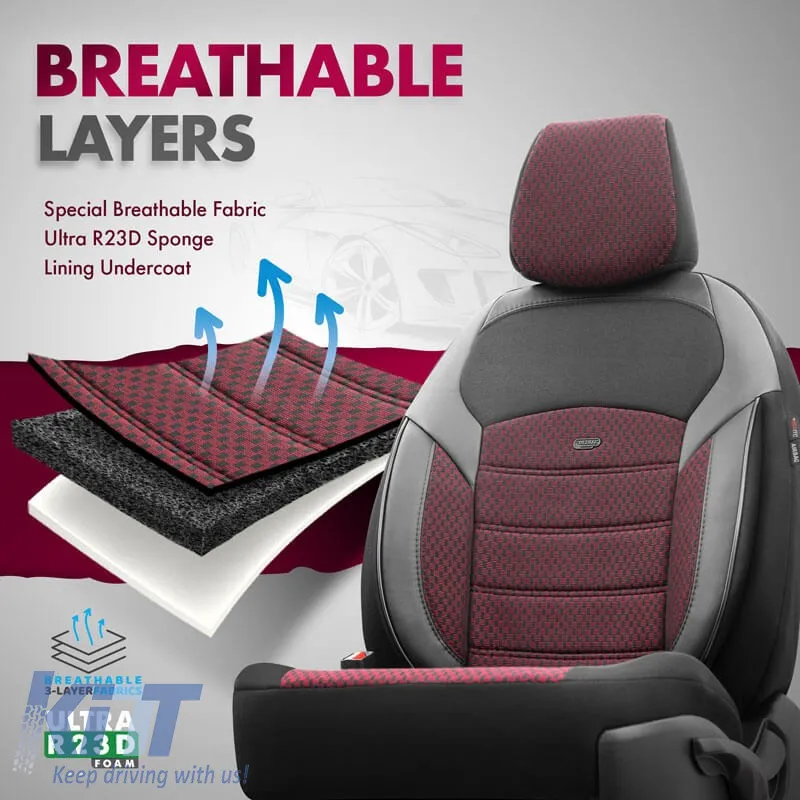 Seat Covers Otom Toro Design Universal Jacquard/ Leather Front / Rear Set 11 Pieces Red / Black ΝΟV-3303