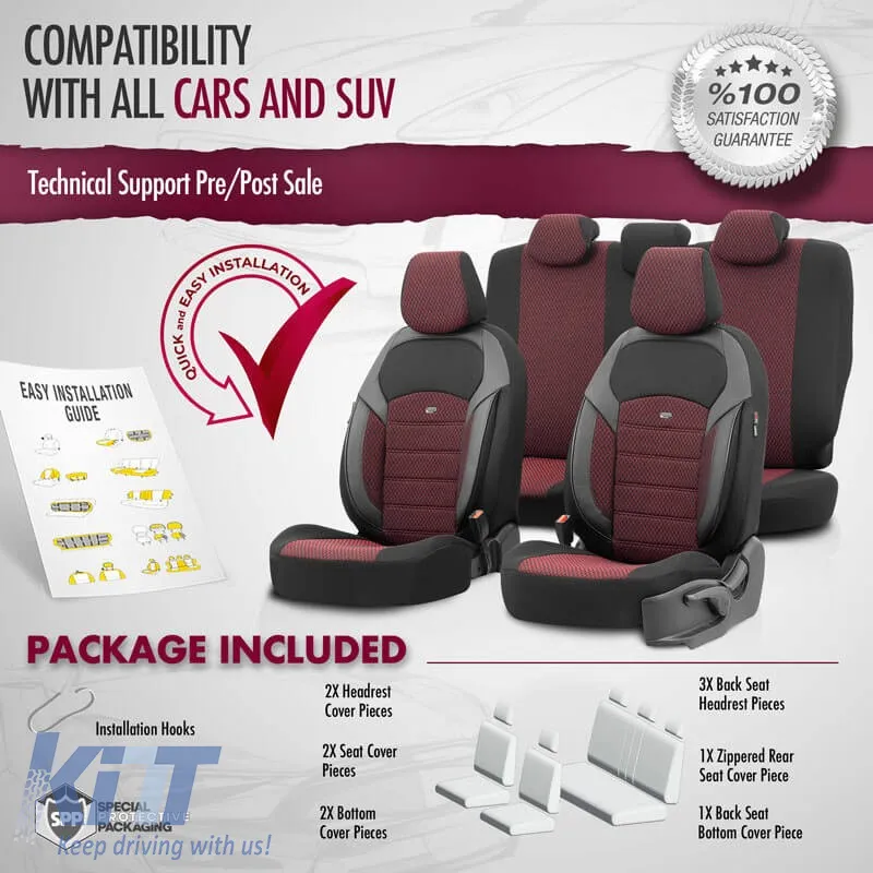 Seat Covers Otom Toro Design Universal Jacquard/ Leather Front / Rear Set 11 Pieces Red / Black ΝΟV-3303