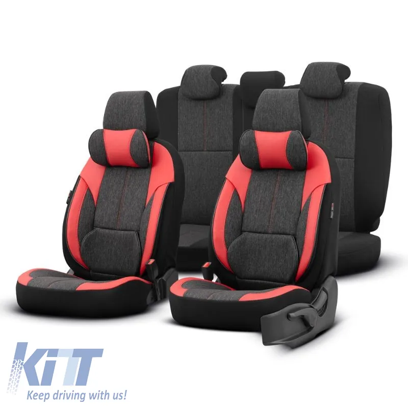 Seat Covers Otom Voyager Universal Linen / Rachel / Artificial Leather Front / Rear Set 13 Pieces Black / Red VYG-104