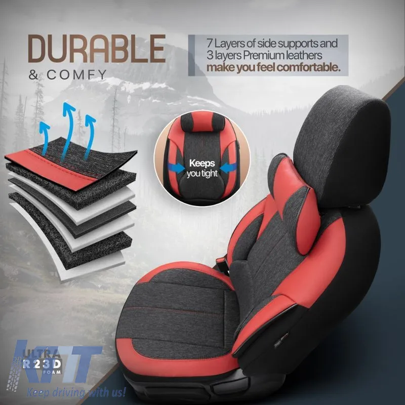 Seat Covers Otom Voyager Universal Linen / Rachel / Artificial Leather Front / Rear Set 13 Pieces Black / Red VYG-104