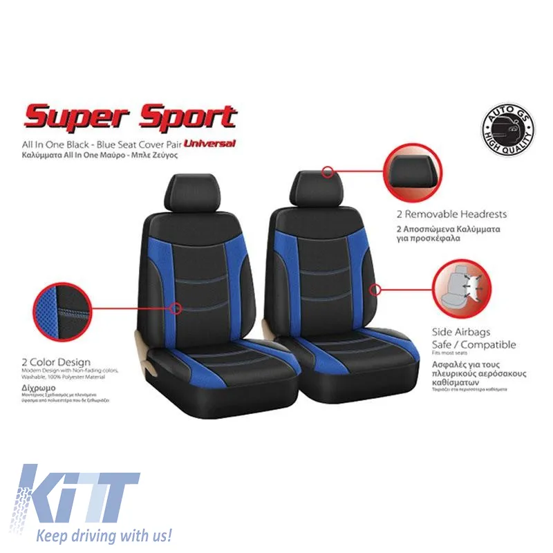 Seat Covers Sport All In One Black-Blue Pair 4 Pieces