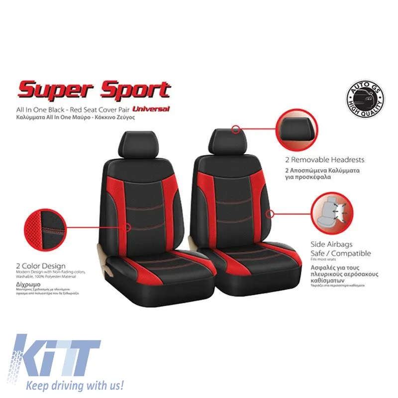 Seat Covers Sport All In One Black-Red Pair 4 Pieces