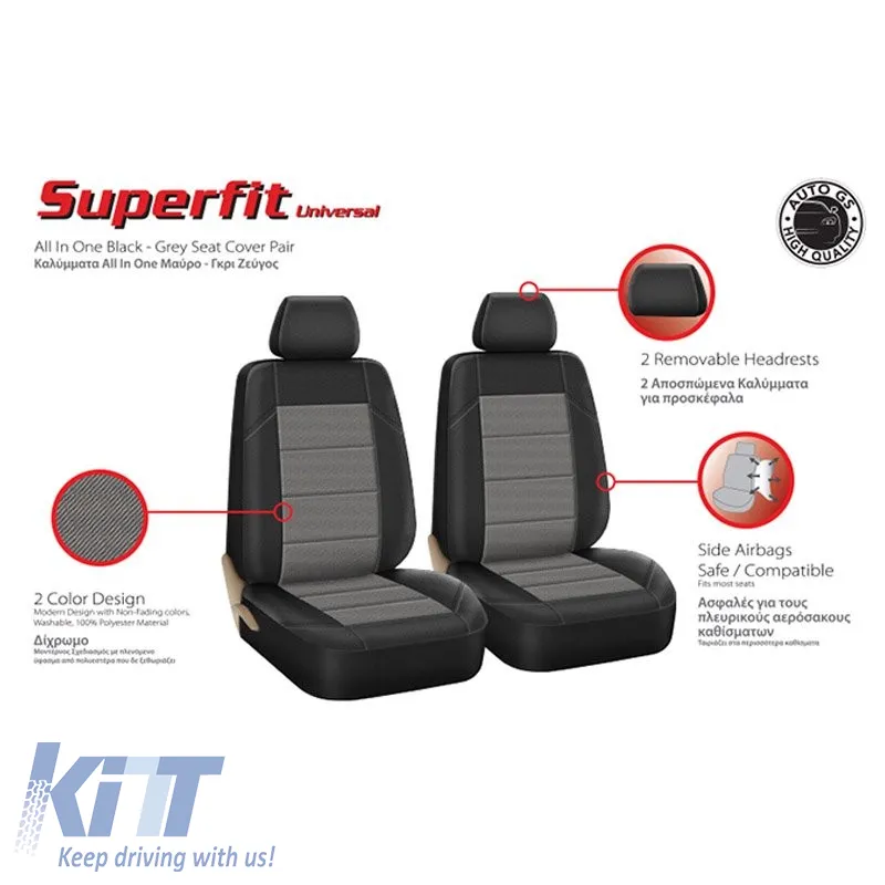 Seat Covers Super Fit In One Black-Grey Pair 4 Pieces