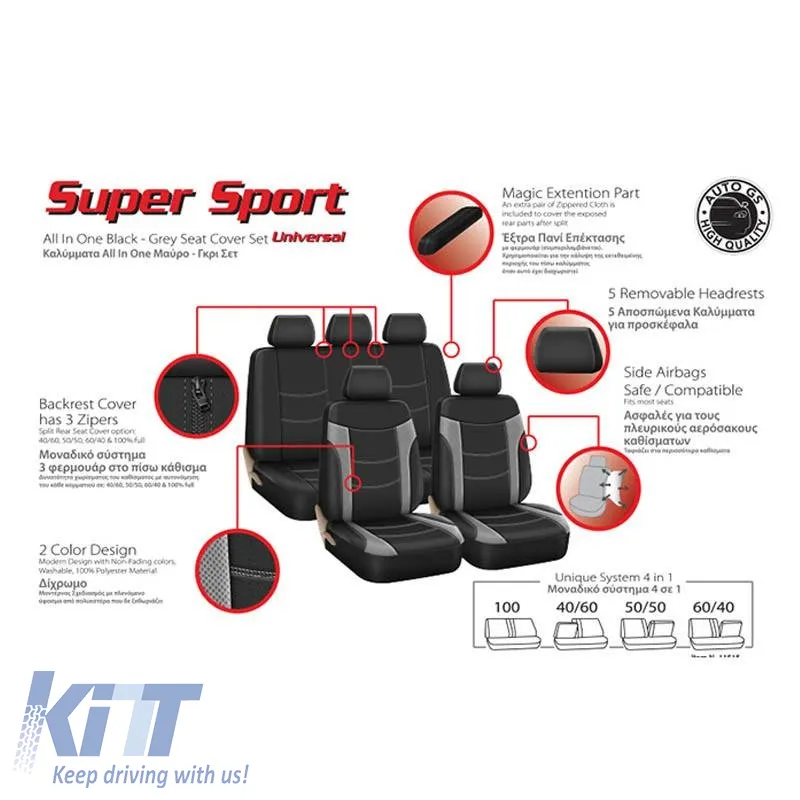 Seat Covers Super Sport All In One Black-Grey Set Front-Rear 11 Pieces