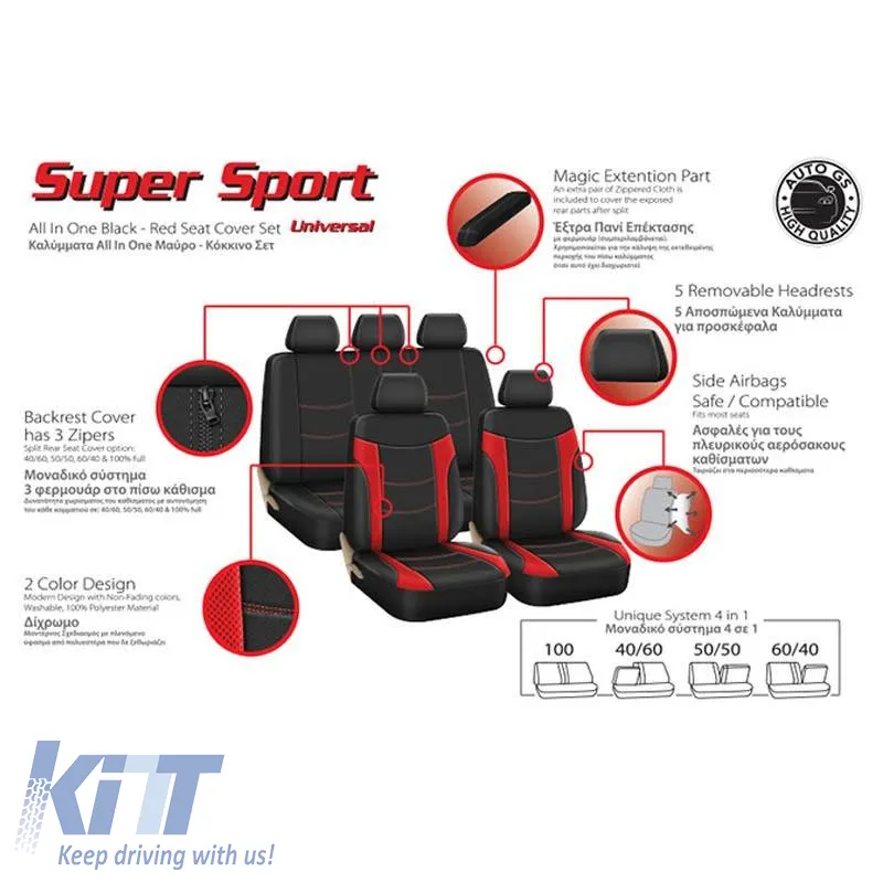 Seat Covers Super Sport All In One Black-Red Set Front-Rear 11 Pieces
