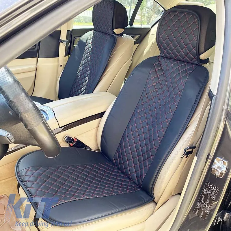 Seat Front Cushions PU Elegance Black With Red Seam 2 Pieces