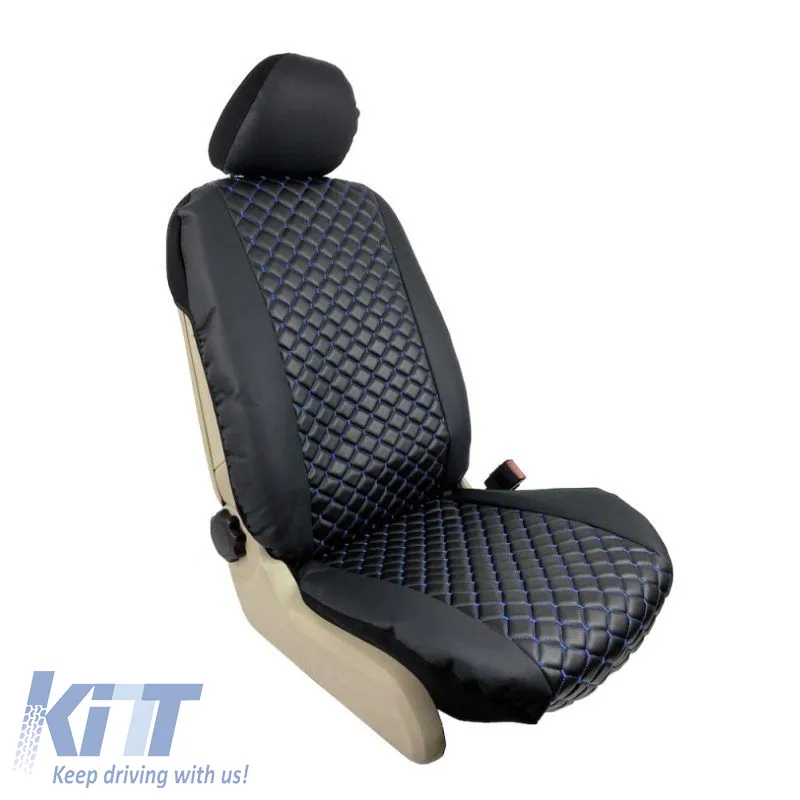 Semi Front Seat Covers PU Royal Black With Blue Seams 4 Pieces