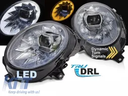 Set di fari a LED tuning adatto per Mini Cooper F54 Clubman 2015-2019, F55, F56 hatchback 2014-2021 con base cromata, per modelli con luci alogene di fabbrica, con indicatori dinamici, con 
