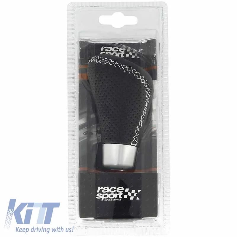 Shift Knob Universal Leather Black With White Stitch Suitable for Normal Reverse 2505GRW