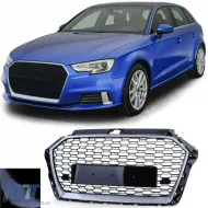 image-56-Sport grille honeycomb grille black gloss silver for Audi A3 8V 16-20 without ACC