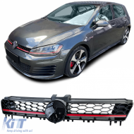 image-34-Sportlicher Kühlergrill mit schwarzem Hochglanz-Wabenmuster und rotem Akzent, geeignet für VW Golf 7 12-17 GTI