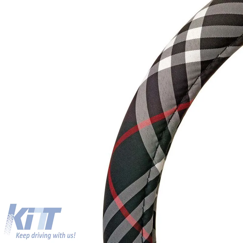 Steering Wheel Cover Fabric ''British Style" Black With Grey And Red Lines 37-39cm 2505BS2
