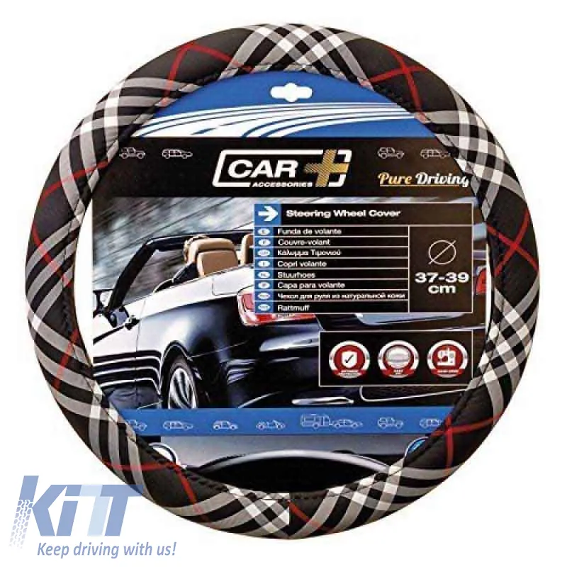 Steering Wheel Cover Fabric ''British Style" Black With Grey And Red Lines 37-39cm 2505BS2