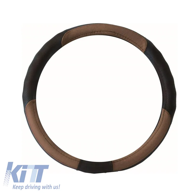 Steering Wheel Cover in Leather Black/Brown Medium 38cm