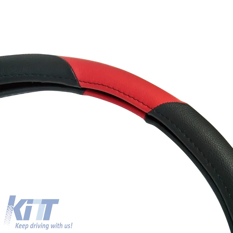 Steering Wheel Cover in Leather Black/Red Large 40cm