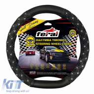 Steering Wheel Cover Leatherette Elegant D Shape Black With Gray Seam Medium 38cm