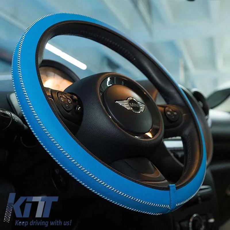 Steering Wheel Cover Leatherette Handmade Blue Medium 37-39cm HMA10BL
