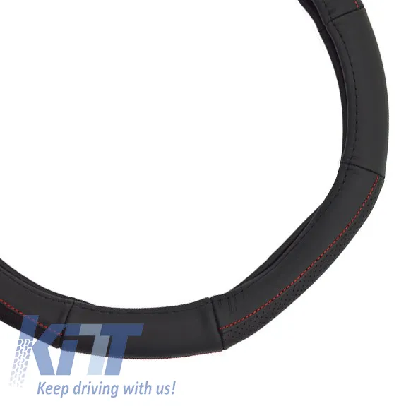 Steering Wheel Cover PU Serius D Black With Red Stitching Medium 38cm