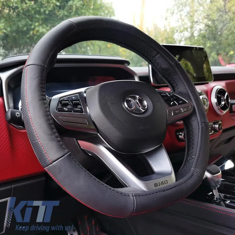 Steering Wheel Cover PU Serius D Black With Red Stitching Medium 38cm