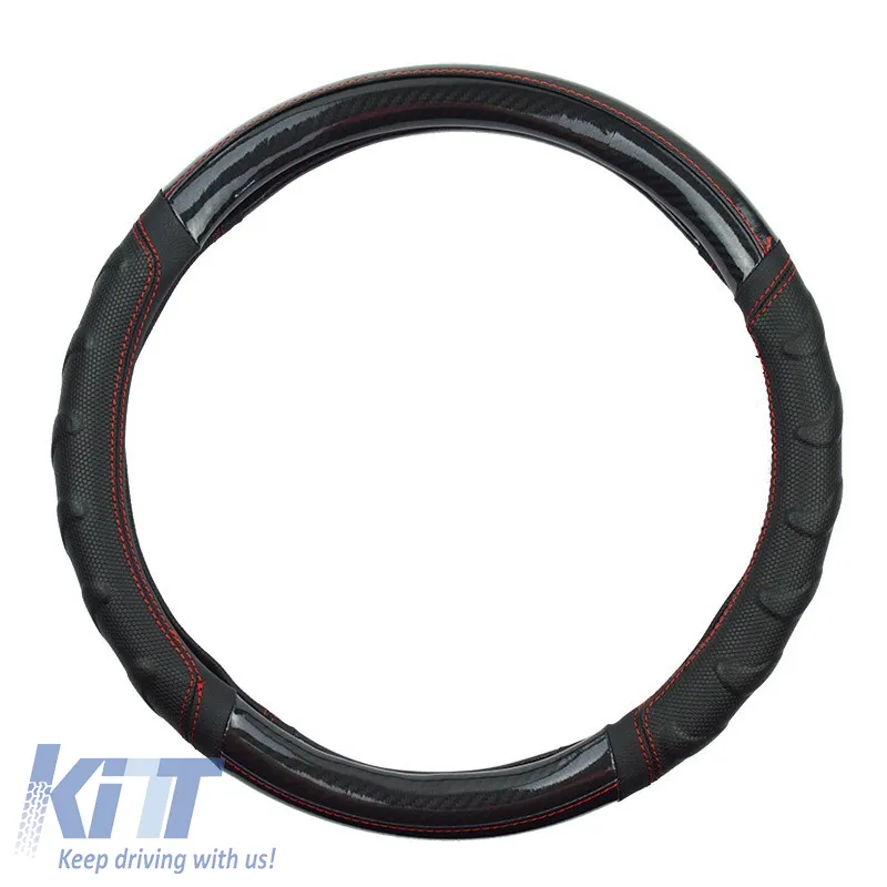 Steering Wheel Cover PU Speed Black / Carbon With Red Stitching Medium 38cm