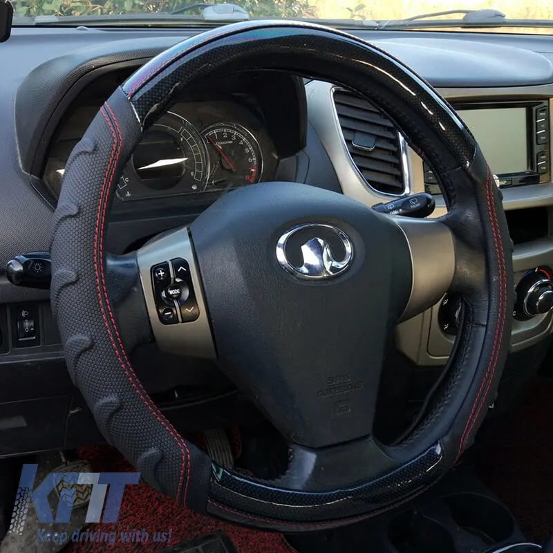 Steering Wheel Cover PU Speed Black / Carbon With Red Stitching Medium 38cm