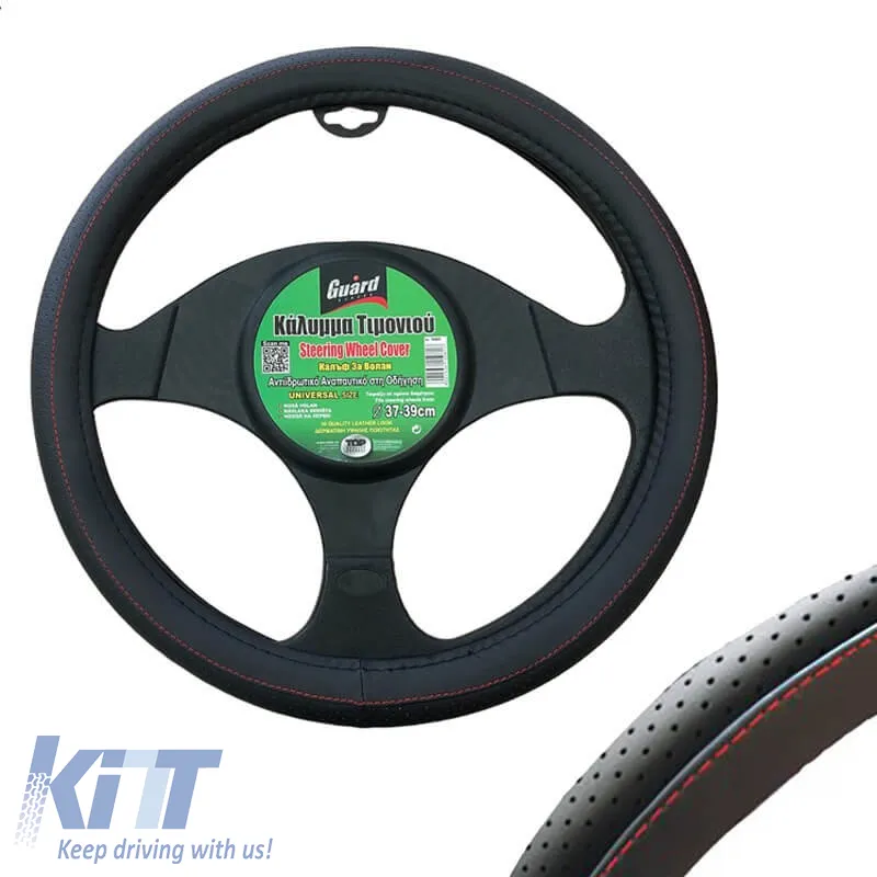 Steering Wheel Cover PVC Black With Red Seam Medium 37-39cm