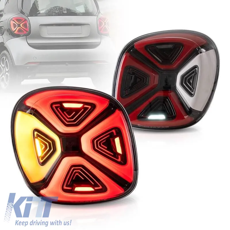 Tailights Set suitable for Smart ForTwo C453 A453, ForFour W453 14-19 Full Led Bar Dynamic Start-up Display Red Clear Black VLand