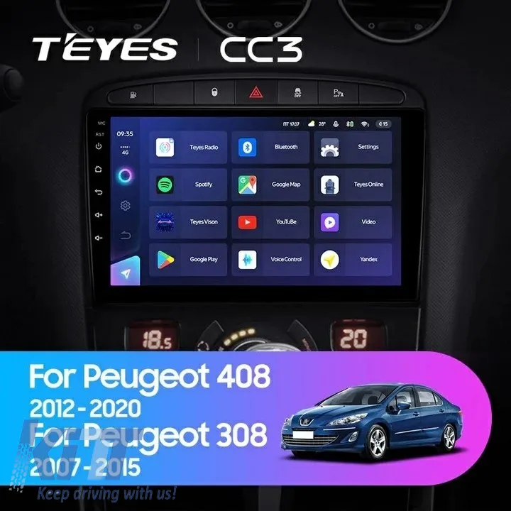 Teyes CC3 2K 360 Car Navigation suitable for Peugeot 308 2007-2015 6+128GB 9.5 QLED Octa-core 2GHz, Android 4G Bluetooth 5.1 DSP