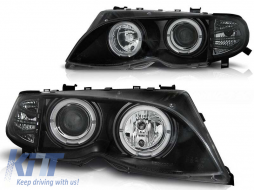 Tuning headlight set with halogen angel eyes suitable for BMW 3 E46 09.2001-03.2005 sedan/wagon, left and right - ABBMHX6010429