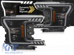 Tuning headlight set with LED light suitable for Ford F150 2017-2020 with black base, featuring dynamic turn signals, left and right-image-6238443